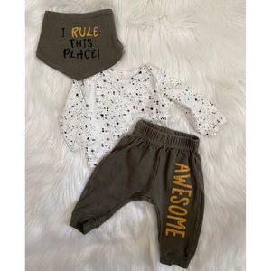 3piece Olive green and Paint splash onesie set